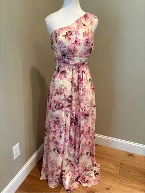 BigHit Fashion Chiffon One-Shoulder Pink Floral Maxi Dress Sz Small Lined